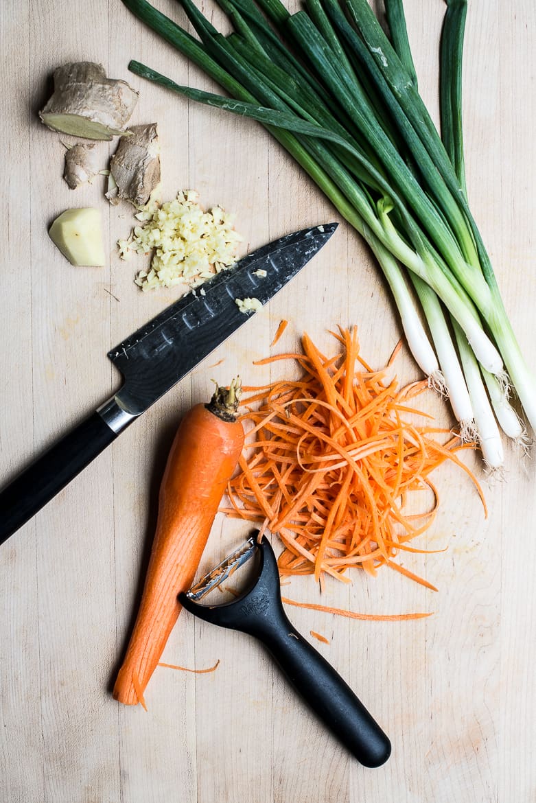 Shredded carrots, minced ginger and scallions