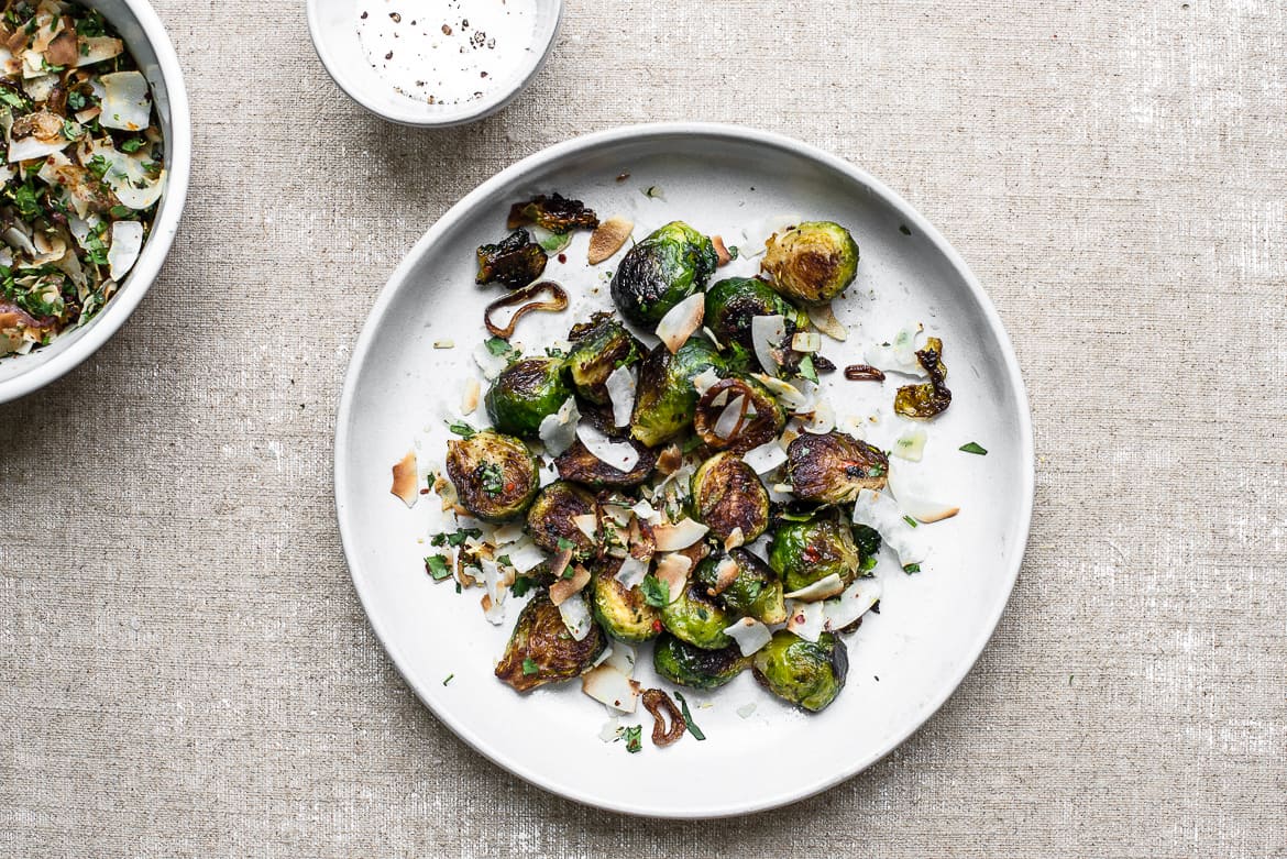 Brussels sprouts topped with coconut gremolata