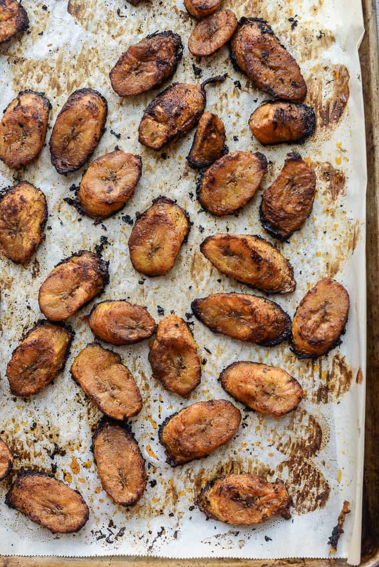 cooked plantains on baking sheet