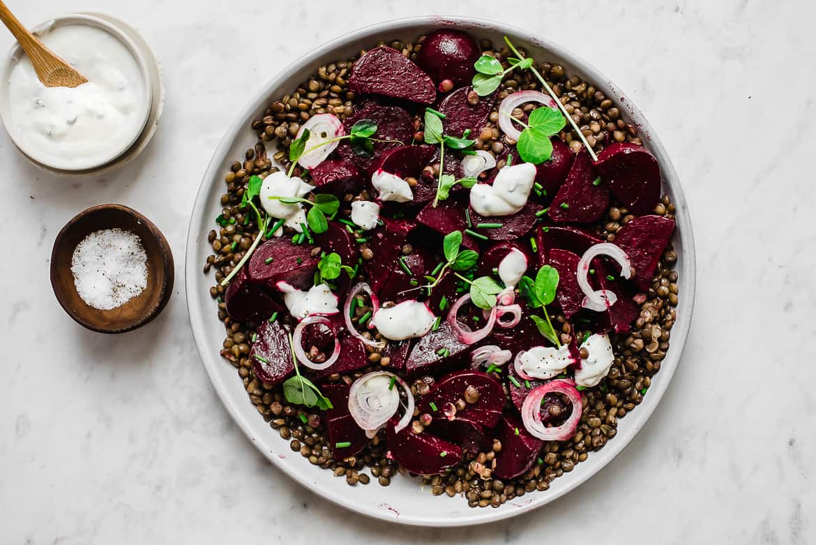 Roasted beets and lentils on platter