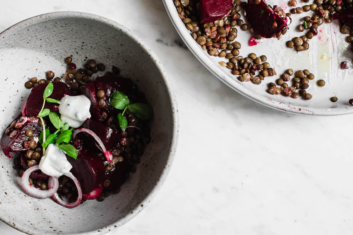 Beets and lentils in small bowl and platter