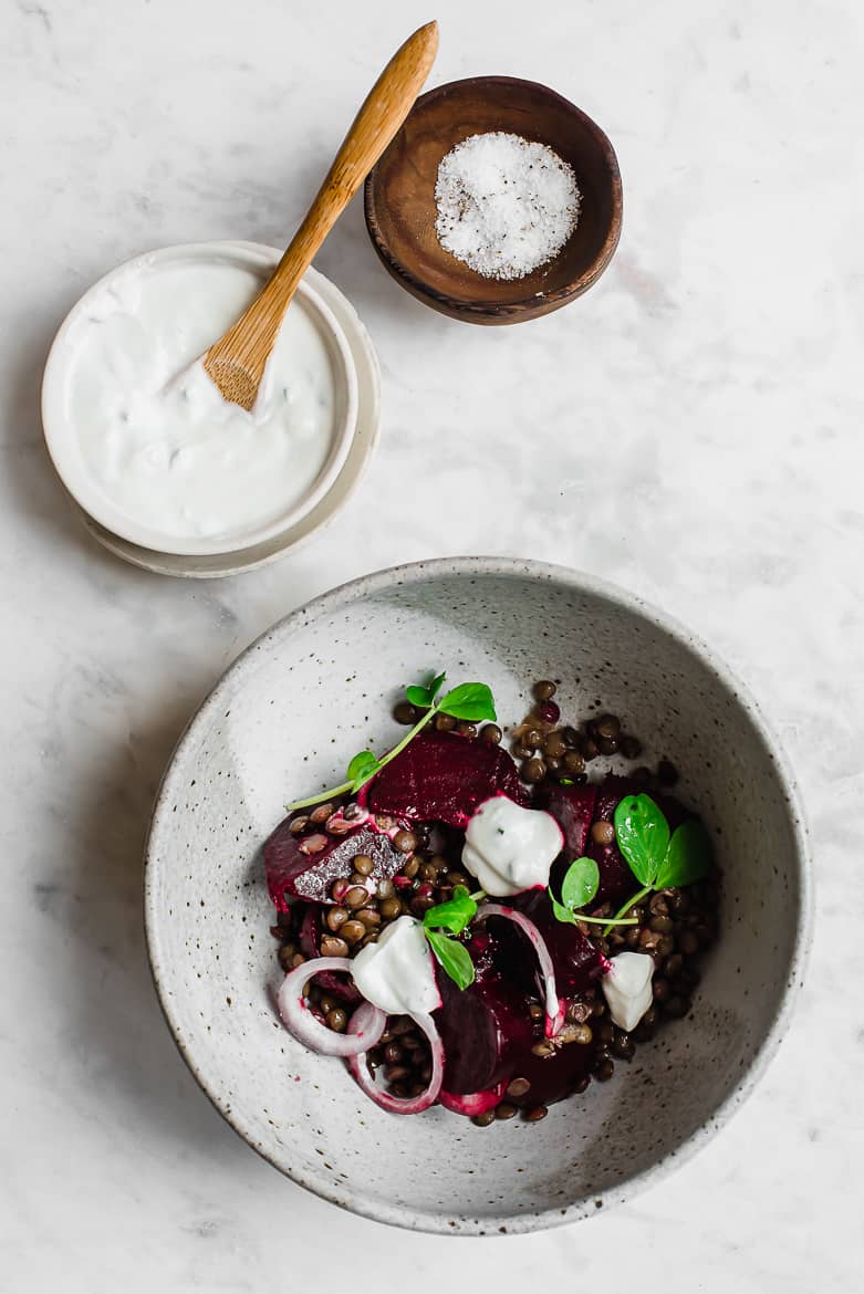 Small bowl with beets, lentil and yogurt