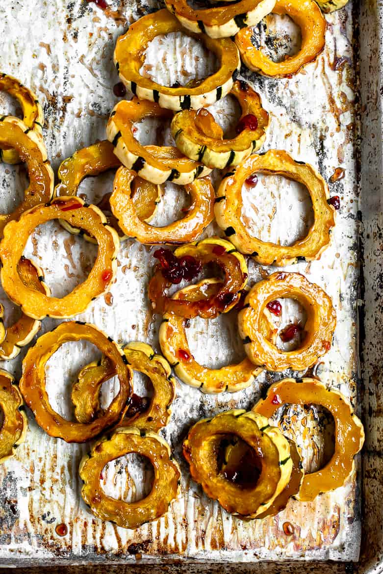 Roasted delicate squash on tray