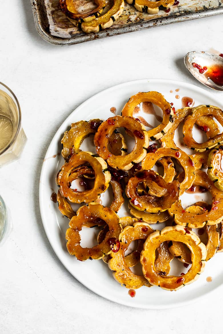 Delicata squash on platter with drinks