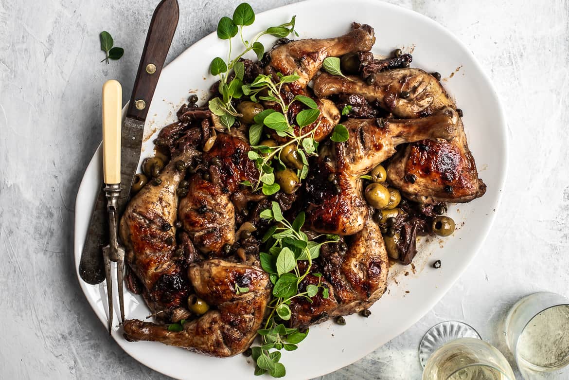 Chicken Marbella with Dates on a platter