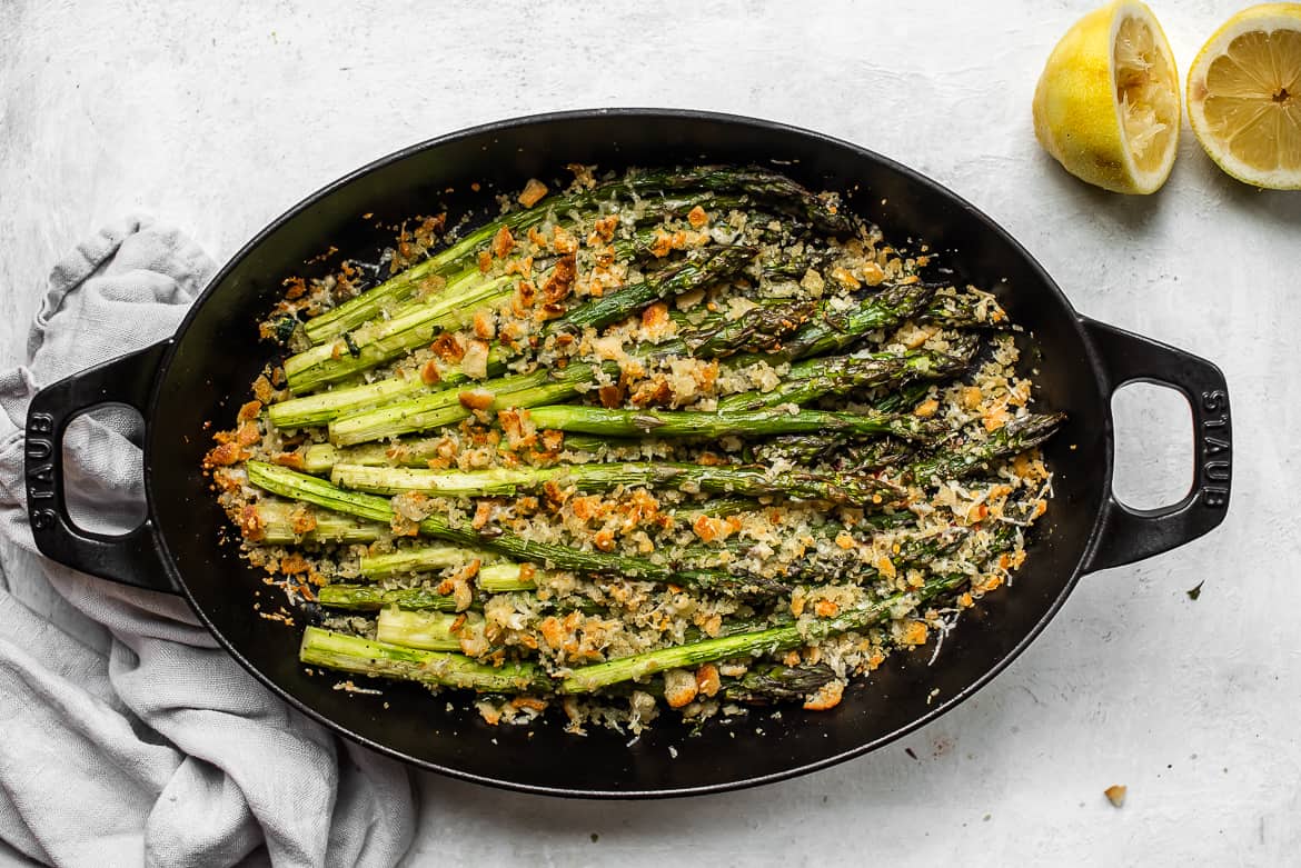 Roasted asparagus topped with lemon, breadscrumbs, and manchego