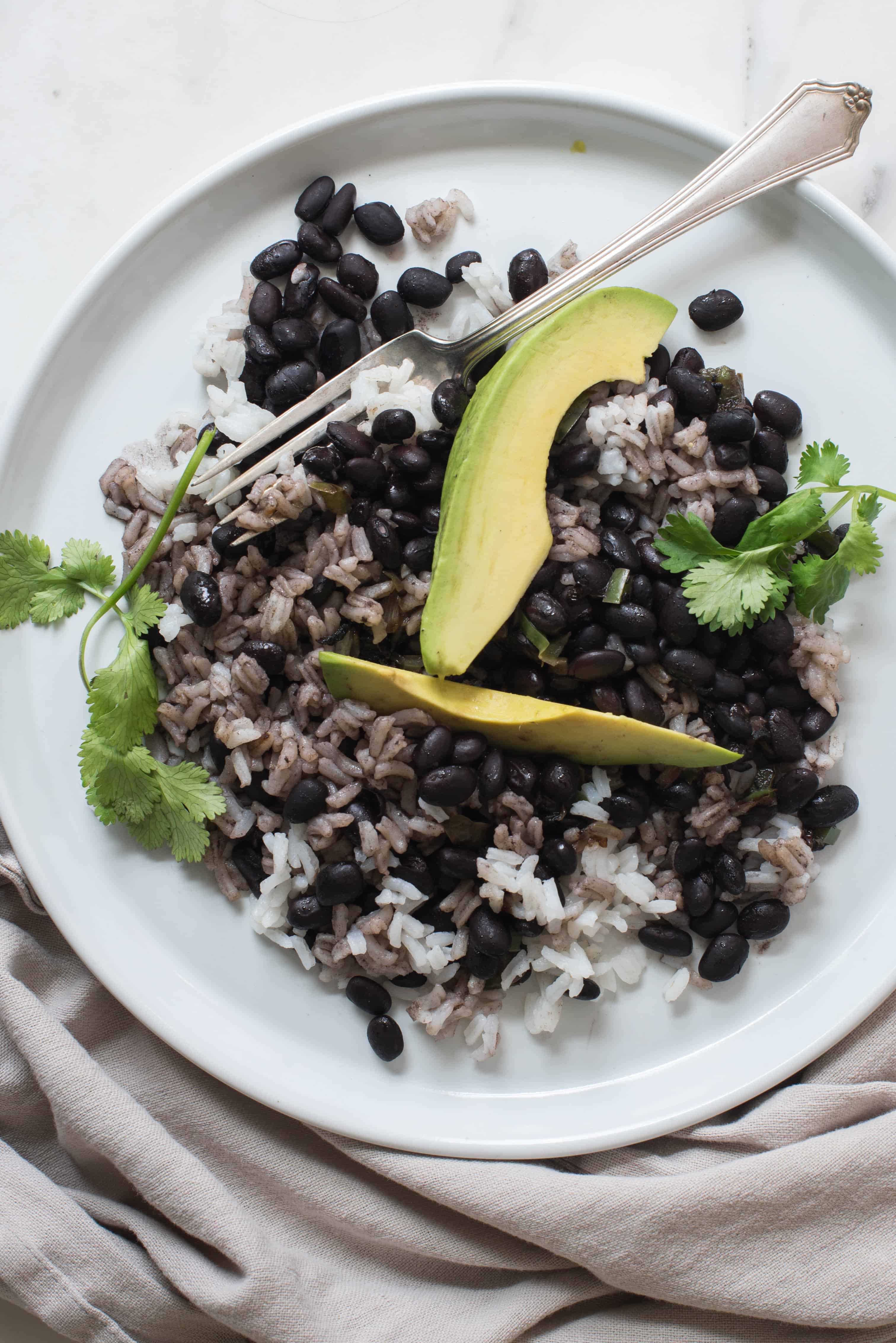 Plated Black Beans Rice & Avocado