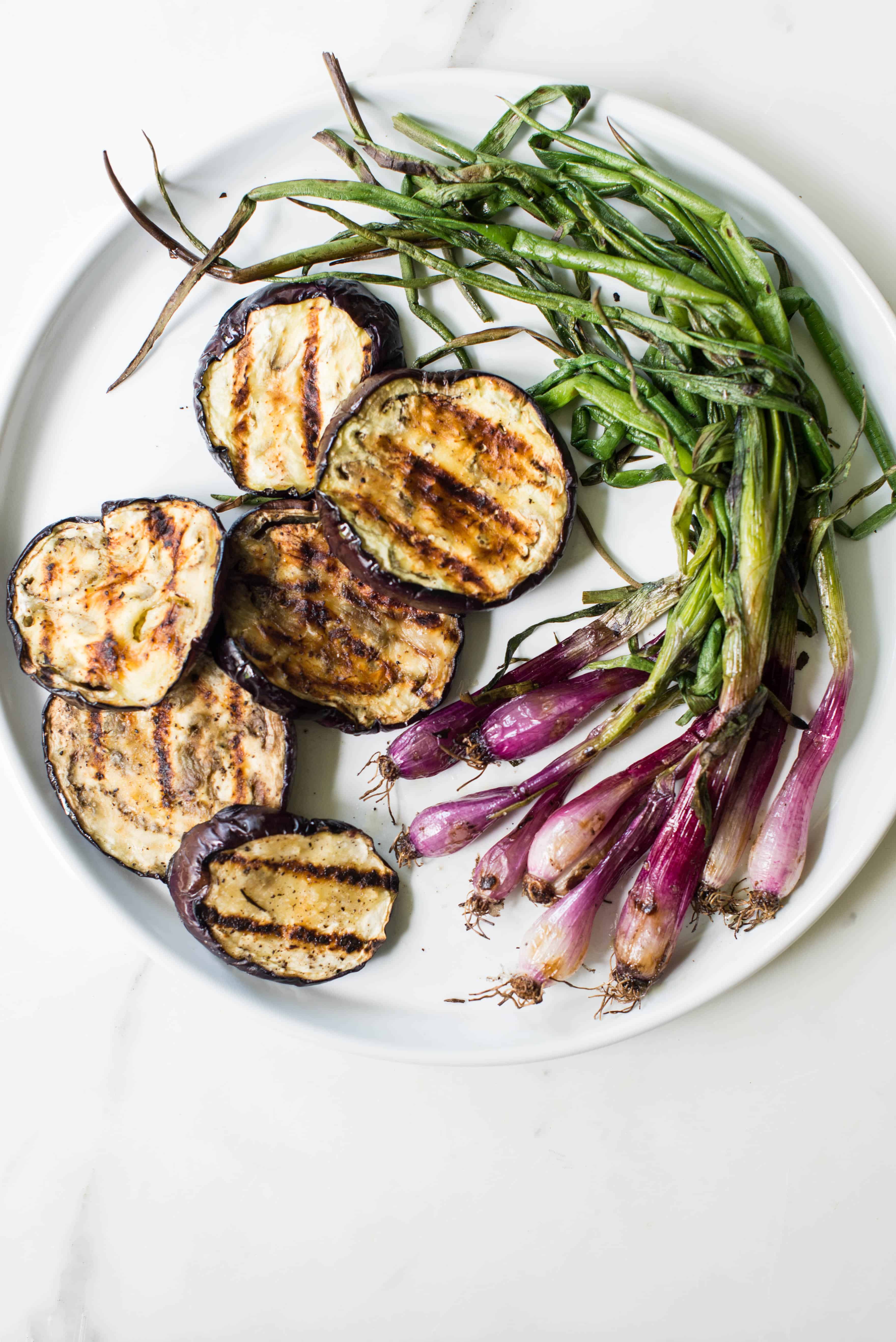 charred red scallions and eggplant