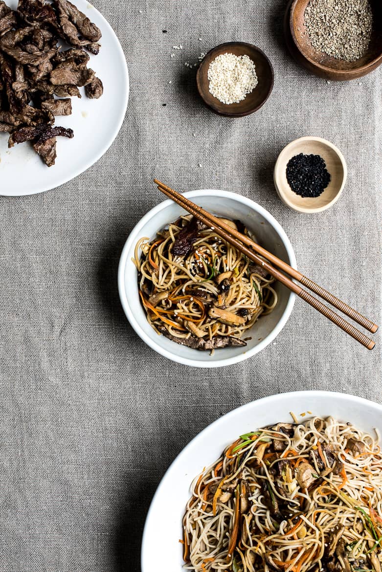 Soba noodles with stir-fried beef on the side