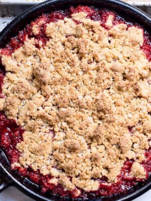 Strawberry- Rhubarb polenta crisp in skillet