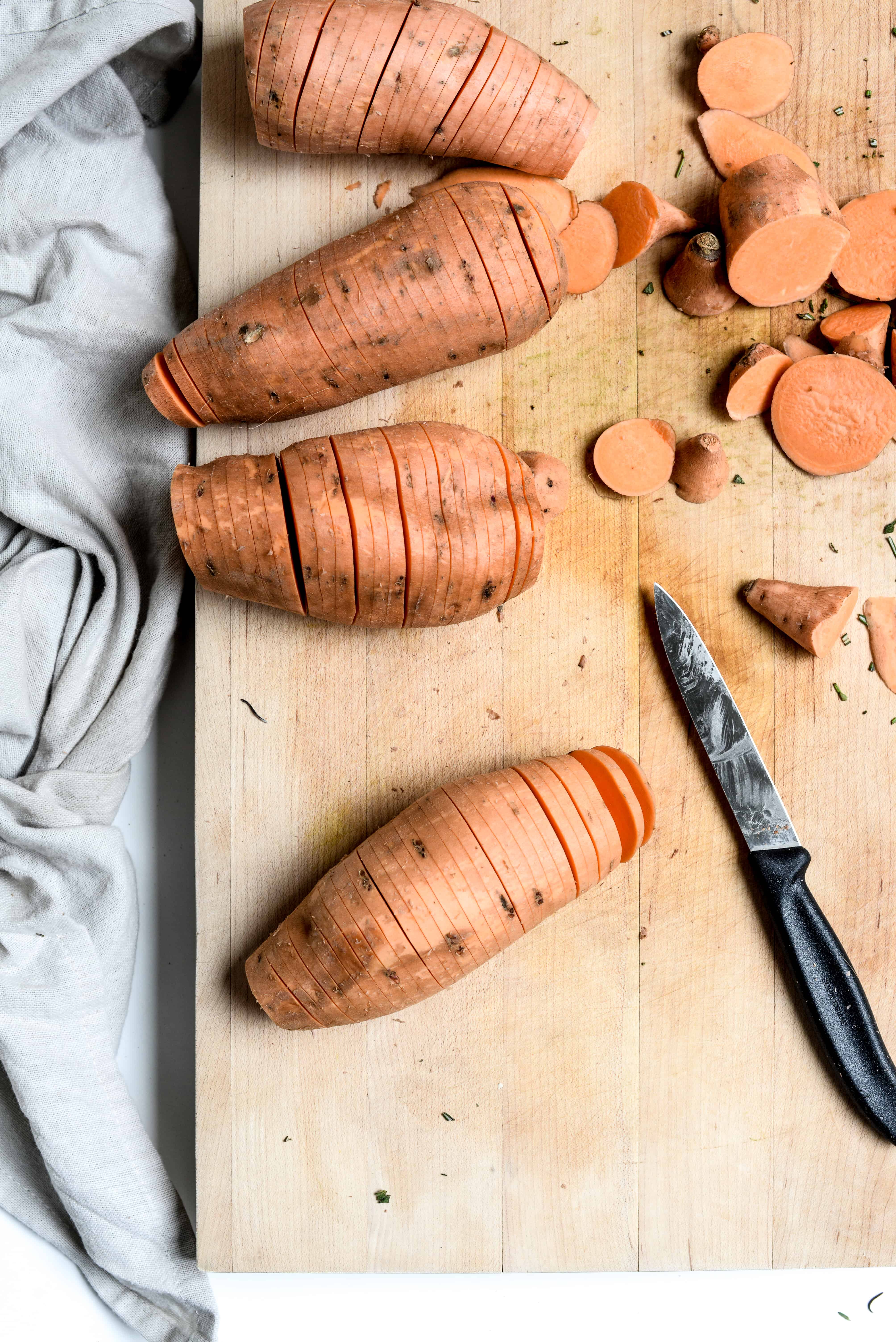 hasselbacking the sweet potatoes