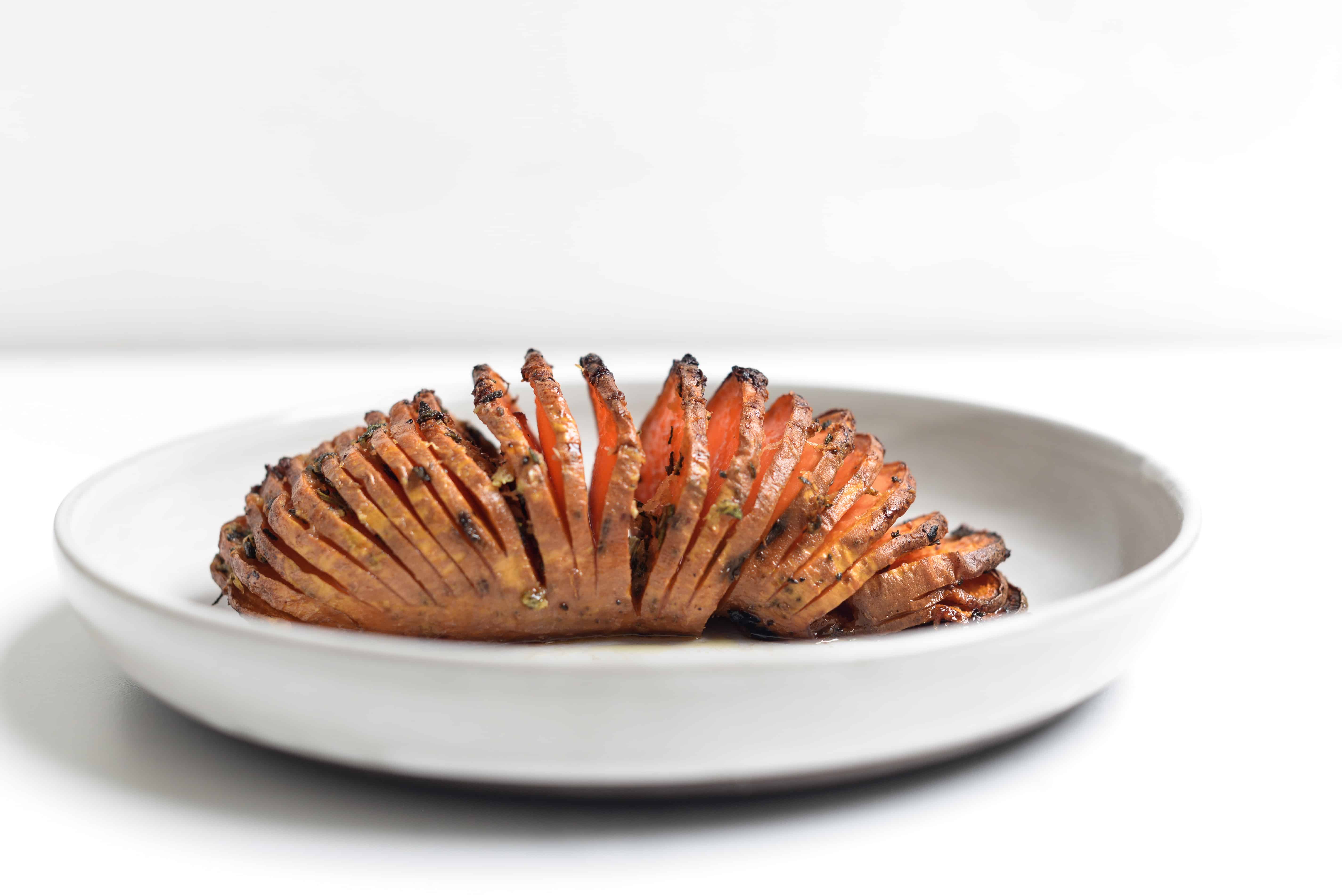 Hasselback Sweet Potato on plate