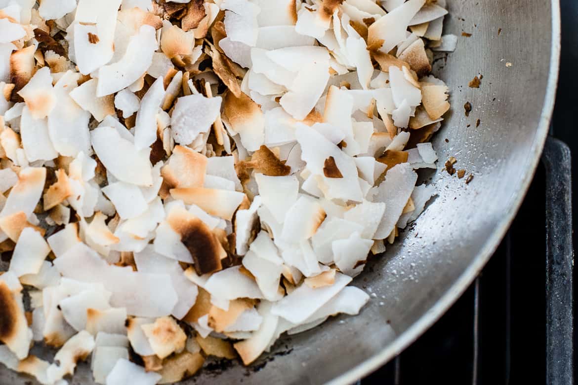 Coconut flakes getting toasted