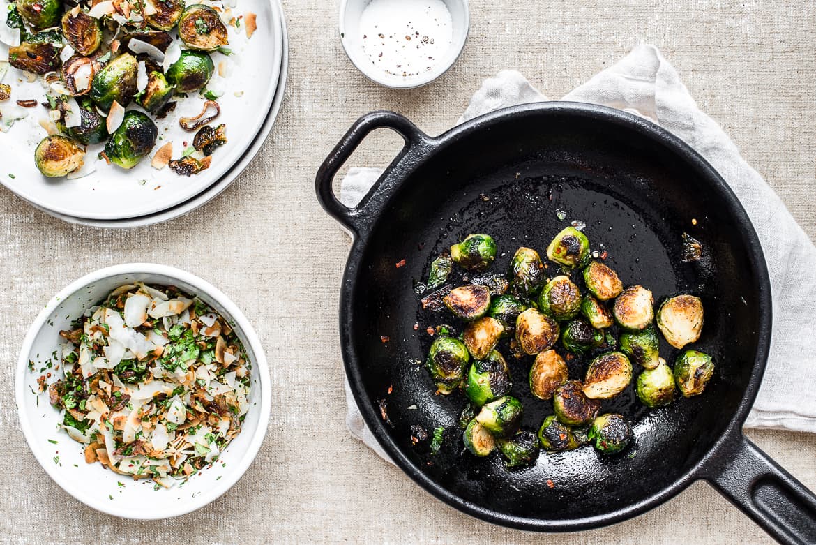 Skillet seared brussels sprouts and coconut gremolata