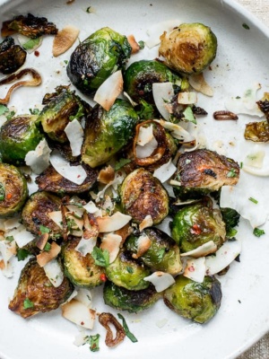 Pan-seared brussels sprouts topped with coconut gremolata