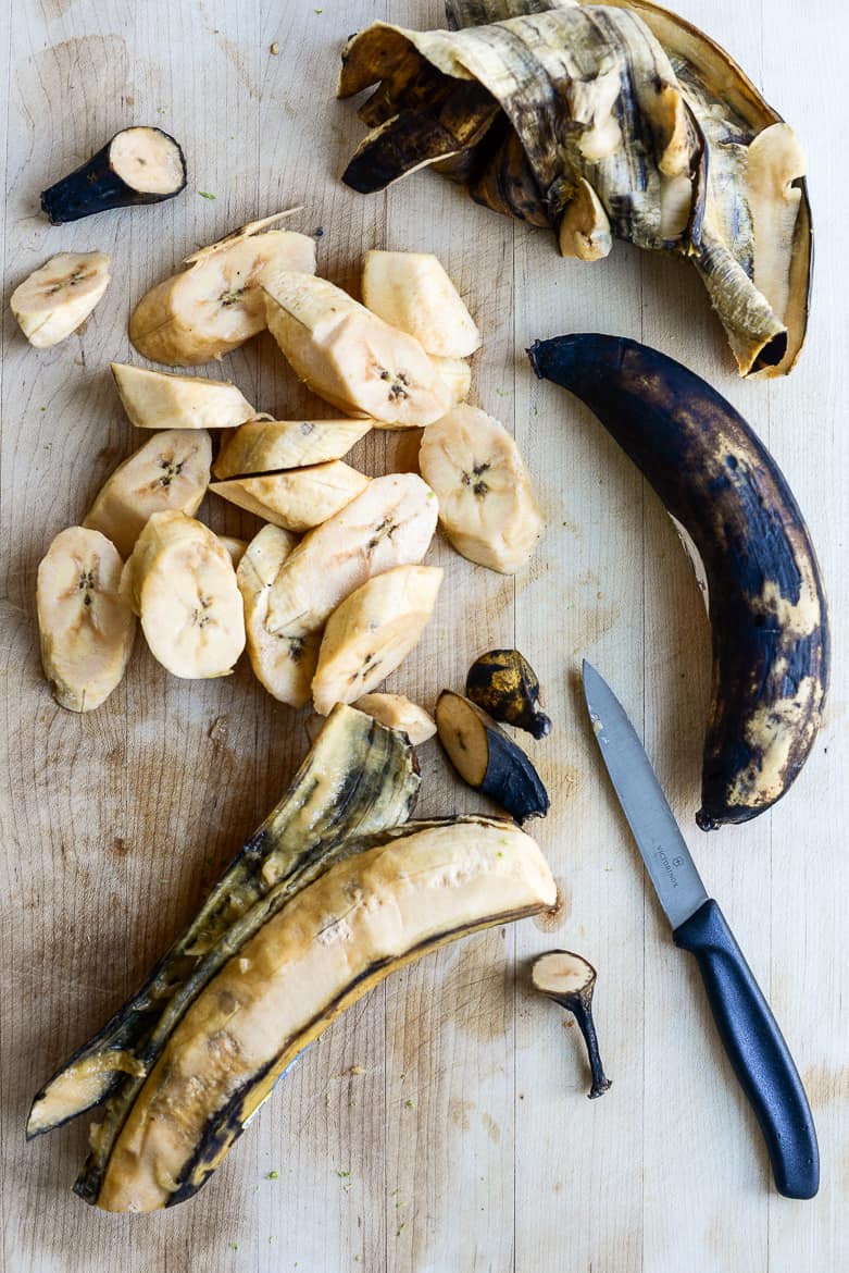 plantains getting peeled and sliced