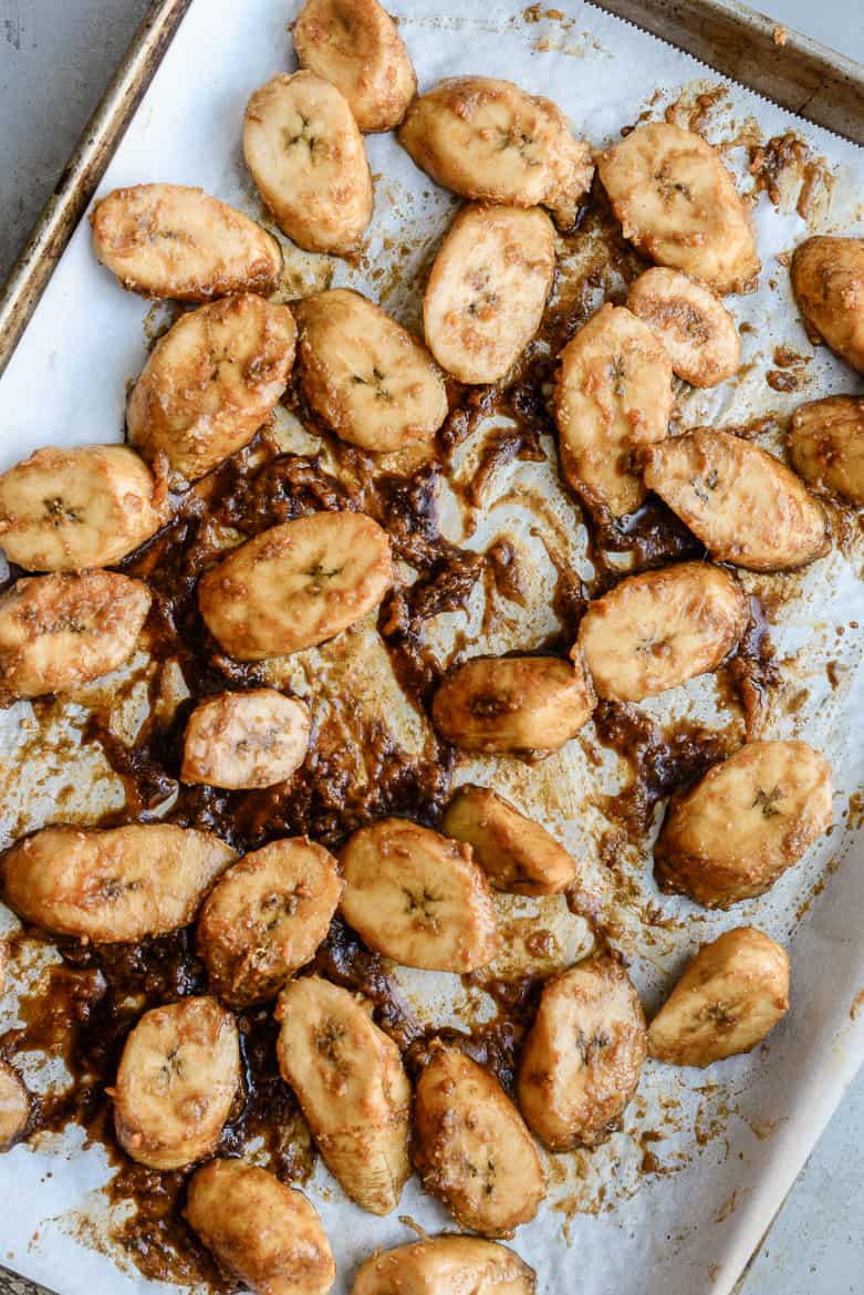 plantains on baking sheet