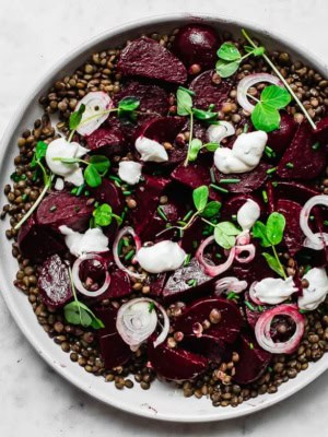 Roasted beets and lentils on platter