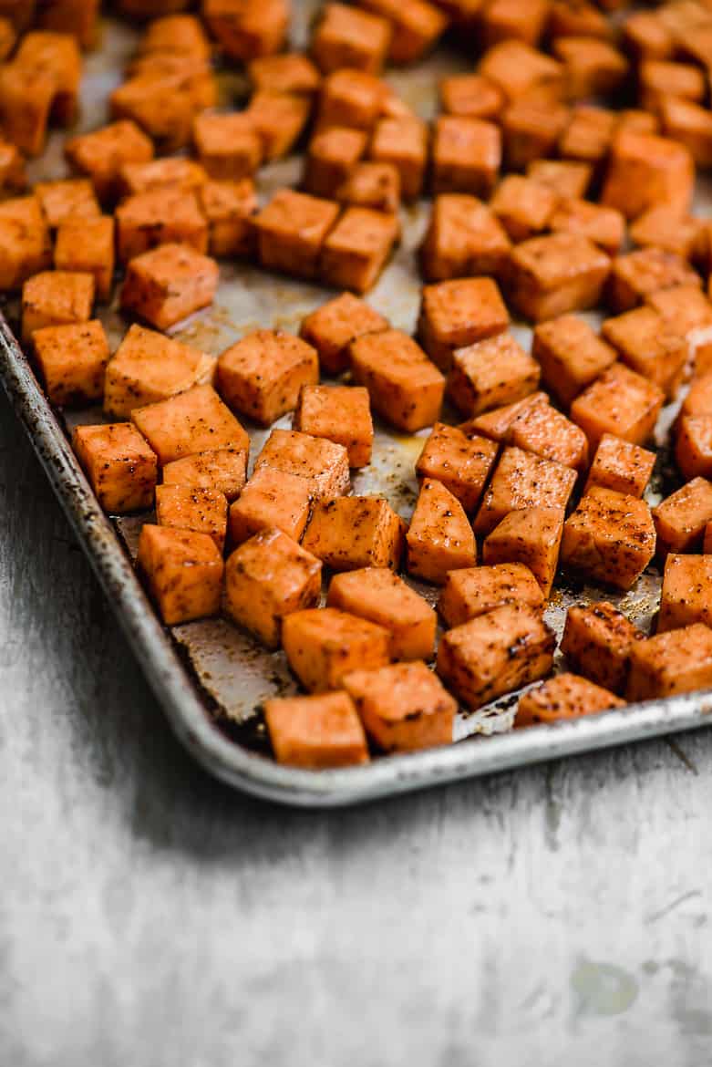 Cubed and roasted sweet potato