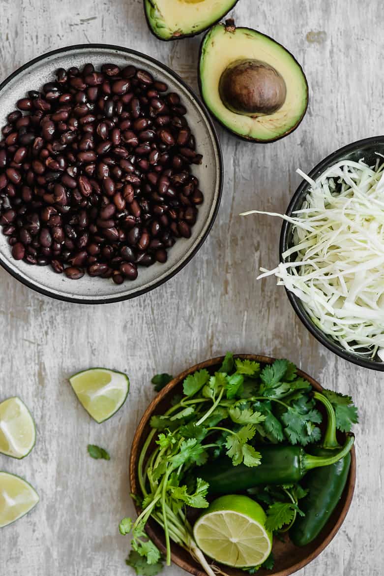 Black beans, cabbage, cilantro avocado, limes