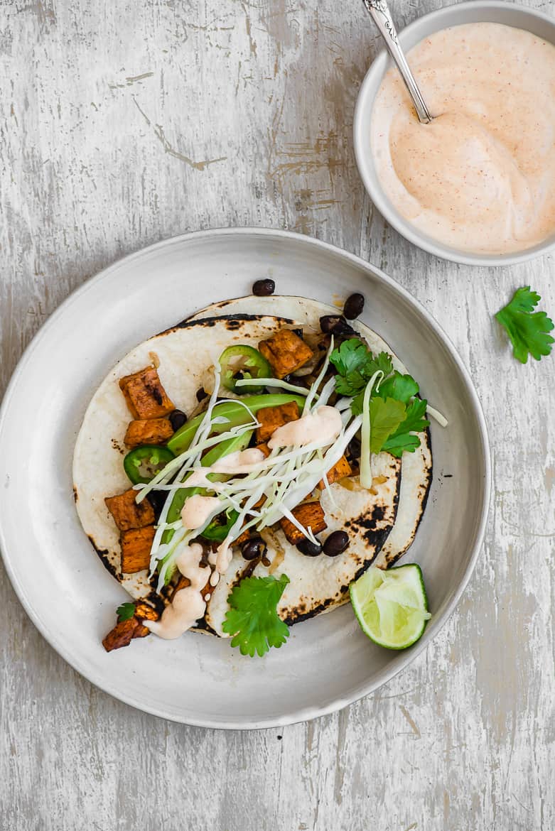 Sweet Potato Tacos with black beans and chipotle crema bowl