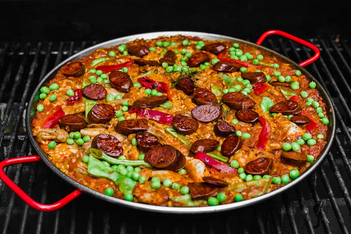 Paella with chorizo and peas