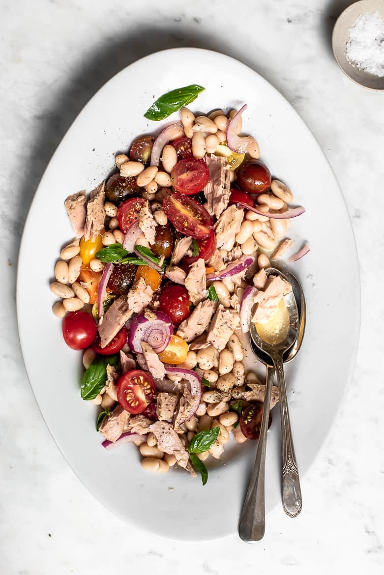 Tuna and white bean salad on platter