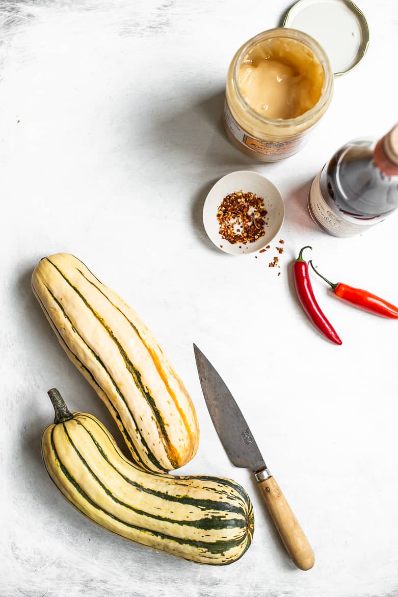 Delicata squash, and ingredients for agrodolce sauce