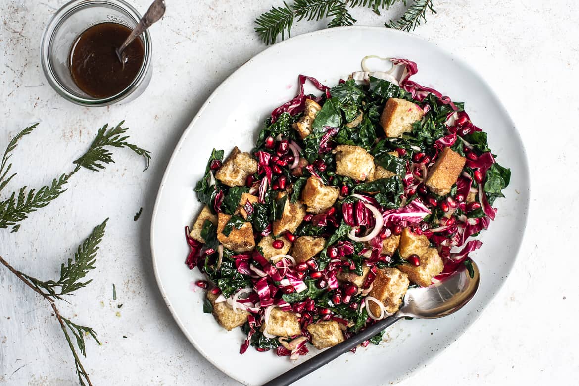 Panzanella salad on platter