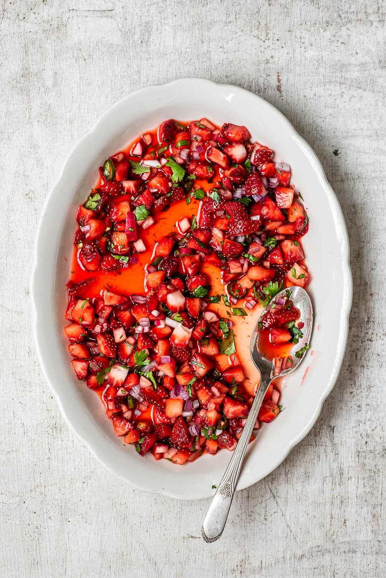 Fresh Strawberry Salsa on a platter/bowl 