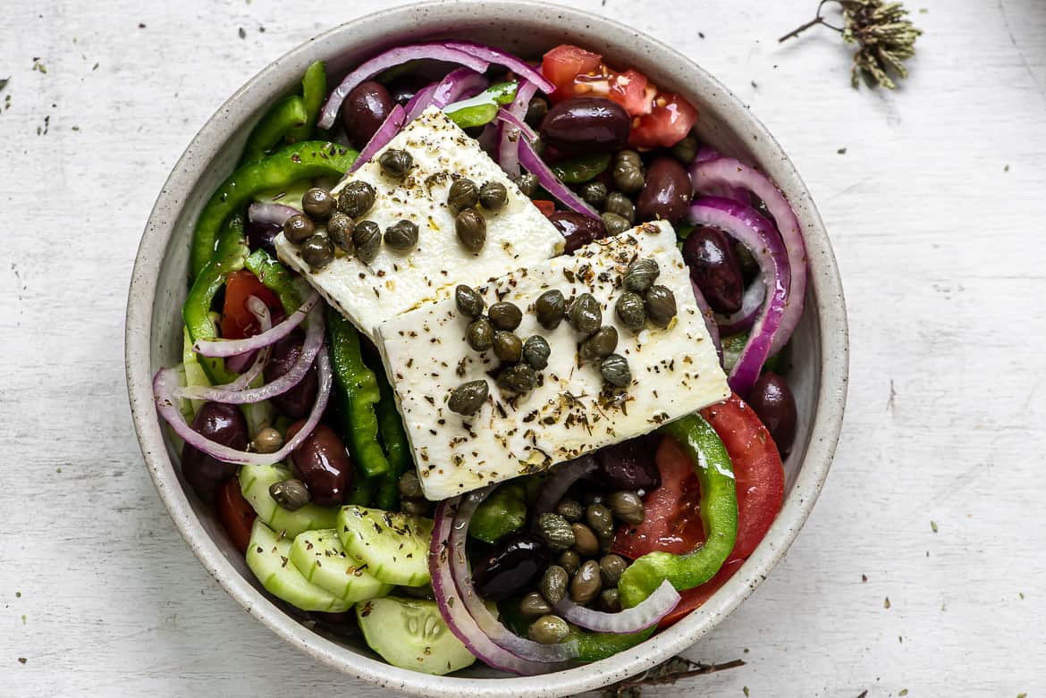 Close up of Horiatiki Salad in bowl