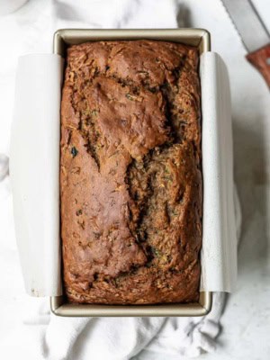 baked zucchini banana bread in loaf pan