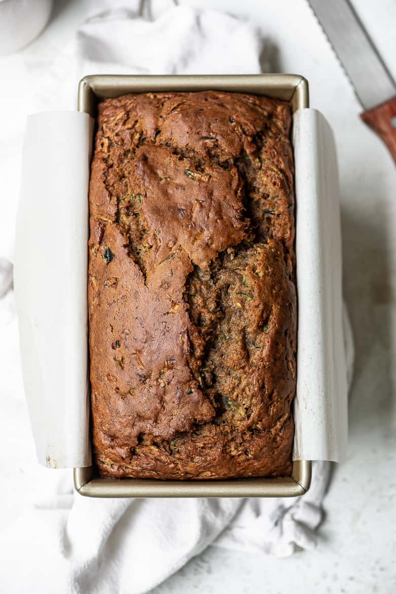 baked zucchini banana bread in loaf pan