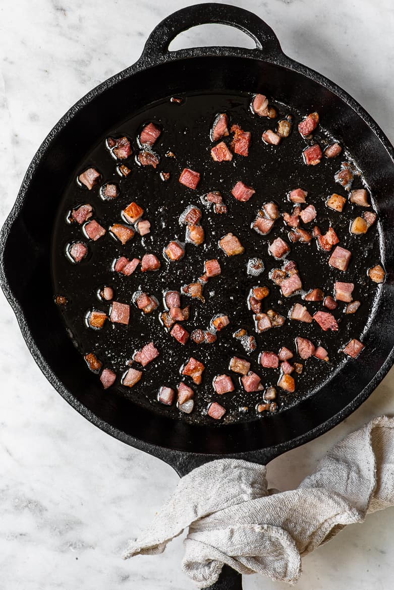 crispy pancetta on skillet