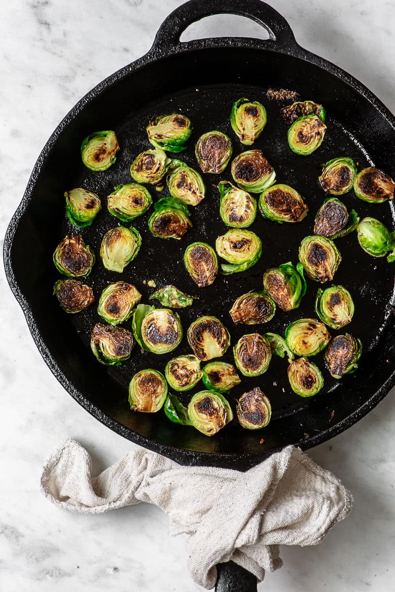 Charred Brussels sprouts in skillet