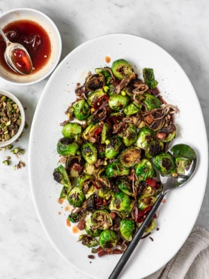 Crispy Brussels sprouts on platter