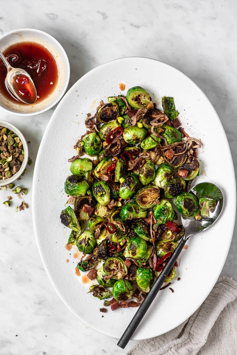 Crispy Brussels sprouts on platter 