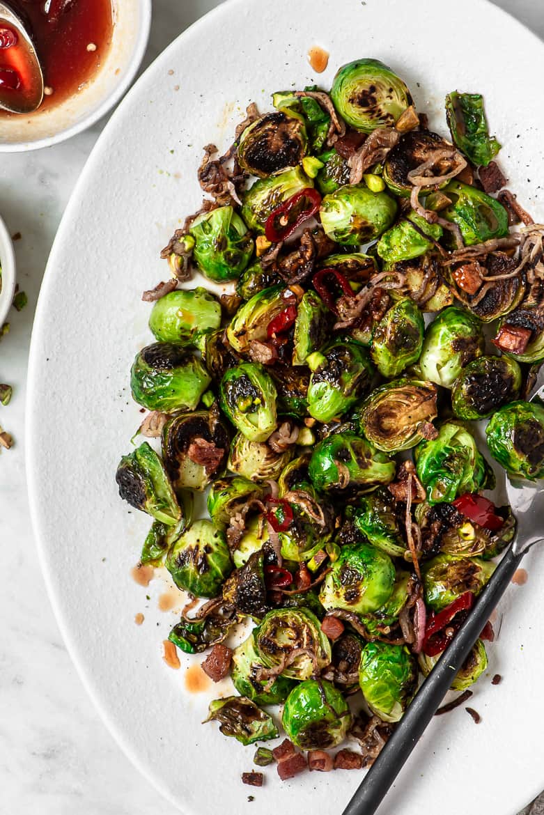 Close up of Brussels sprouts with agrodolce sauce