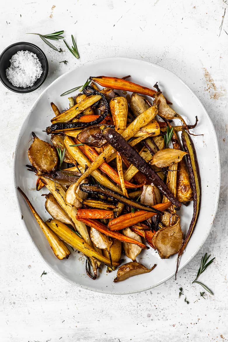 Roasted Root vegetables with maple sherry glaze on platter