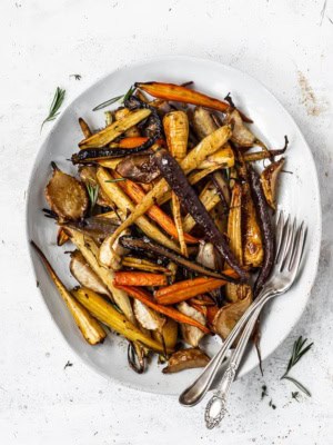 Roasted root vegetables on platter