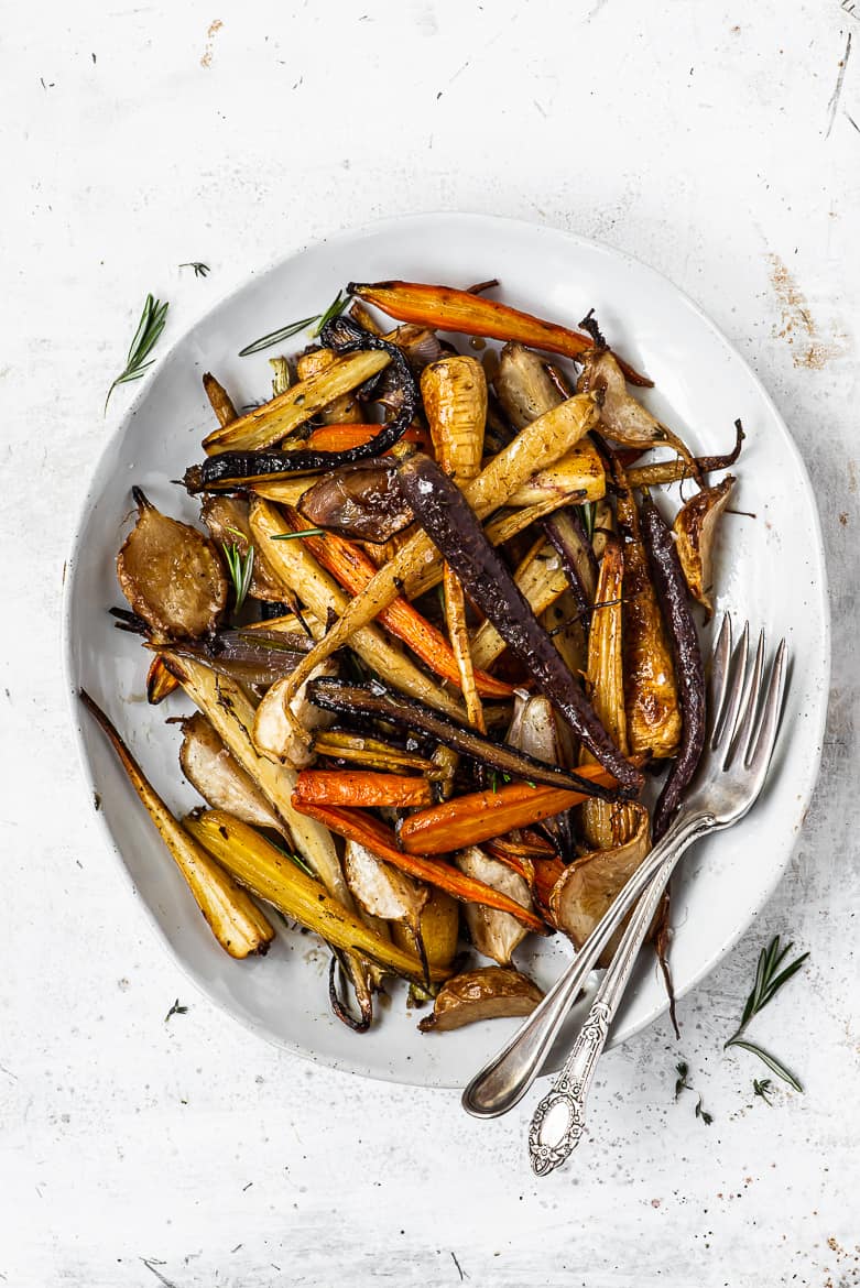 Roasted root vegetables on platter