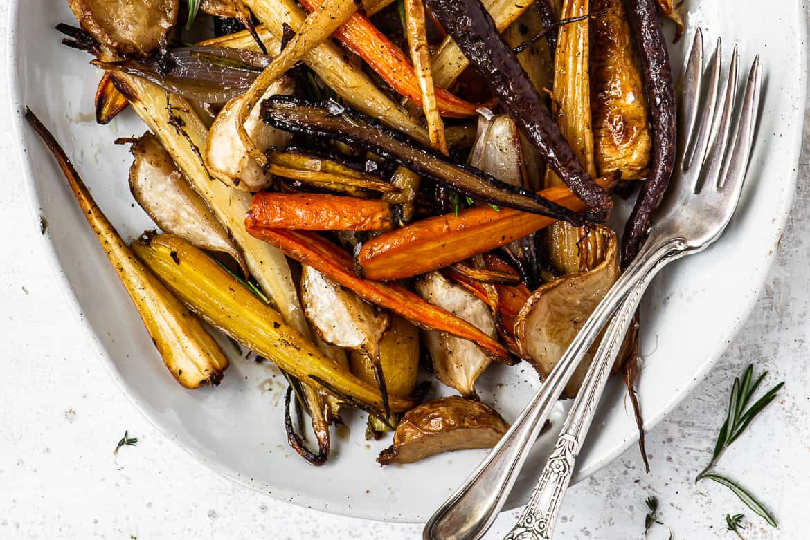 Close up of Roasted Root vegetables with maple sherry glaze on platter