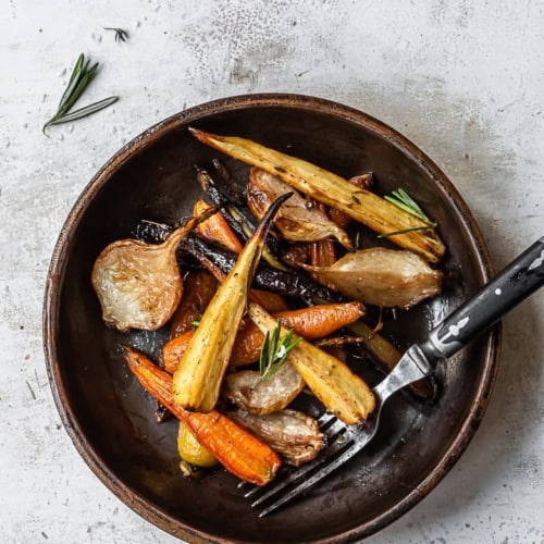 Roasted Root vegetables with maple sherry in bowl