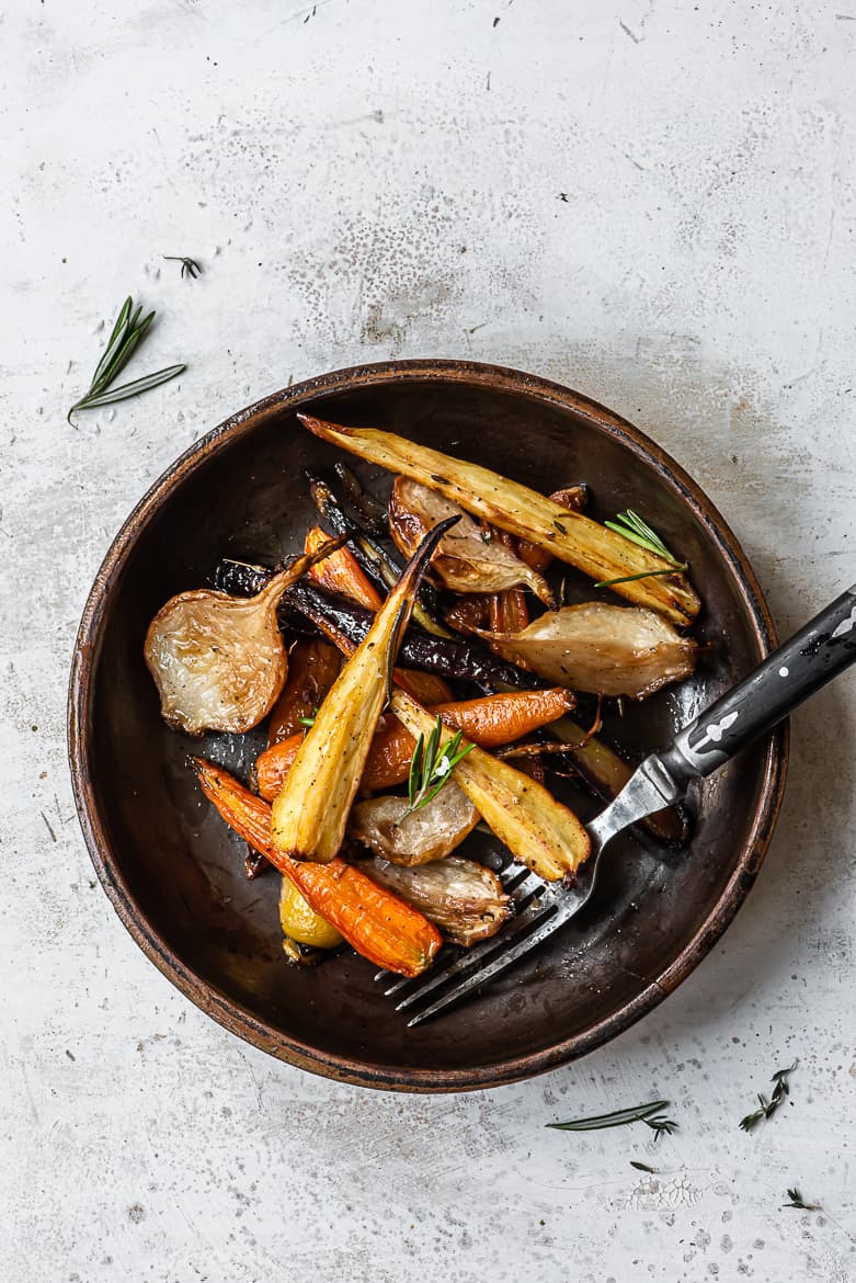 Roasted Root vegetables with maple sherry in bowl