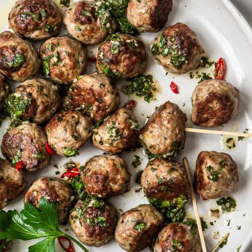 Close up of Turkey meatballs with Chimichurri Sauce