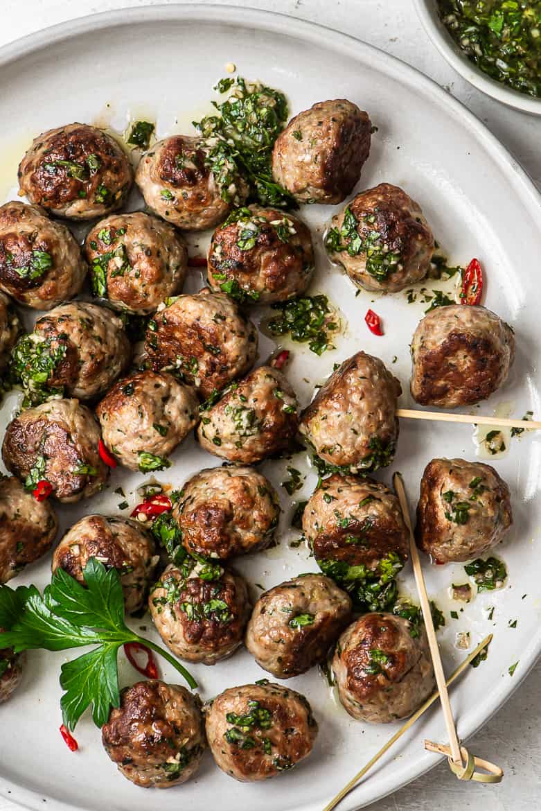 Close up of Turkey meatballs with Chimichurri Sauce