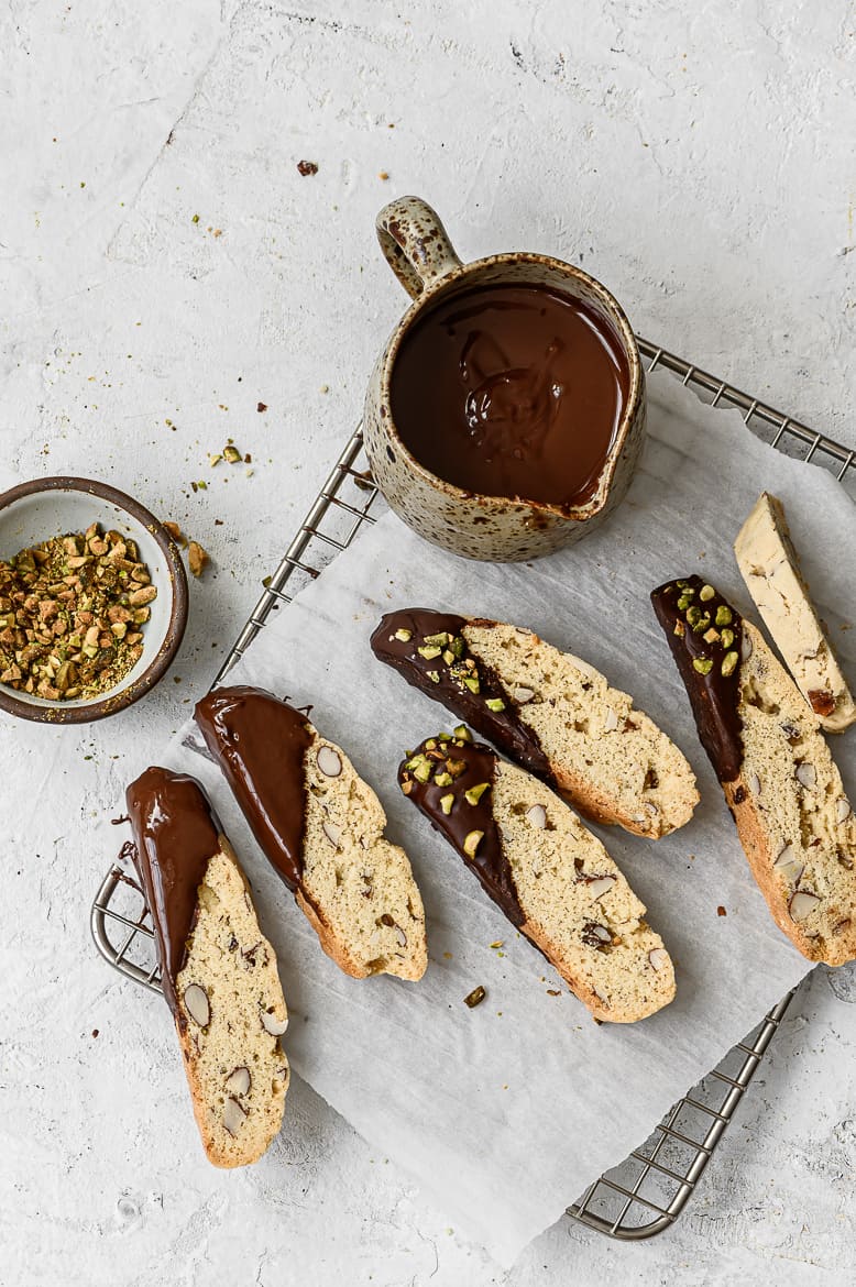 biscotti dipped in chocolate with pistachios