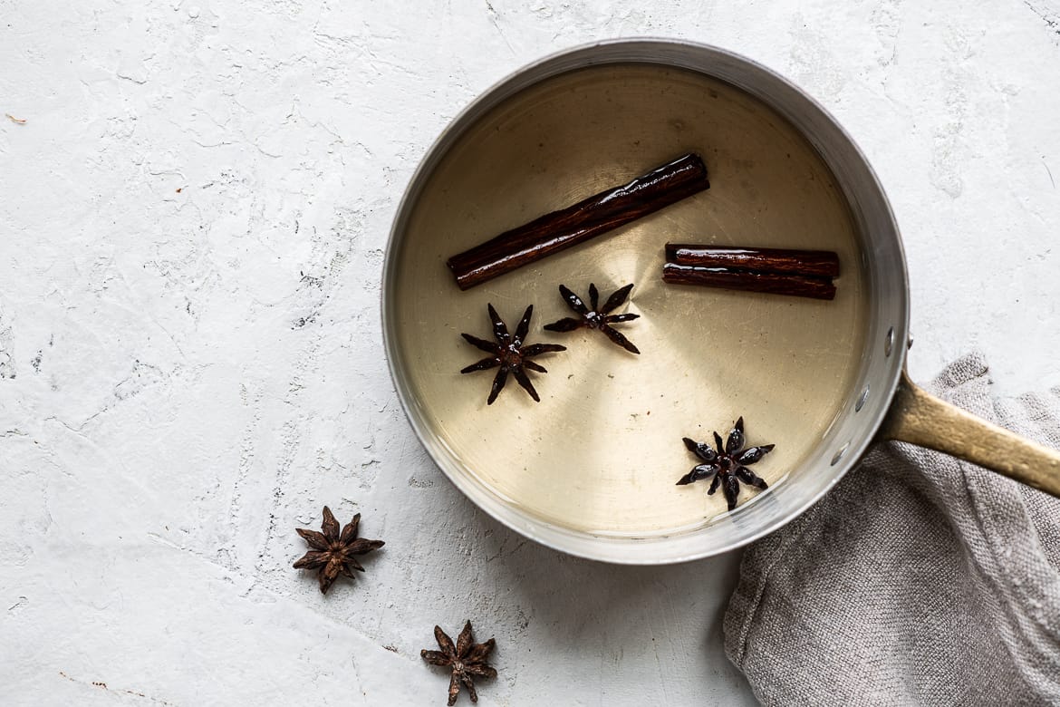 Spiced simple syrup in saucepan