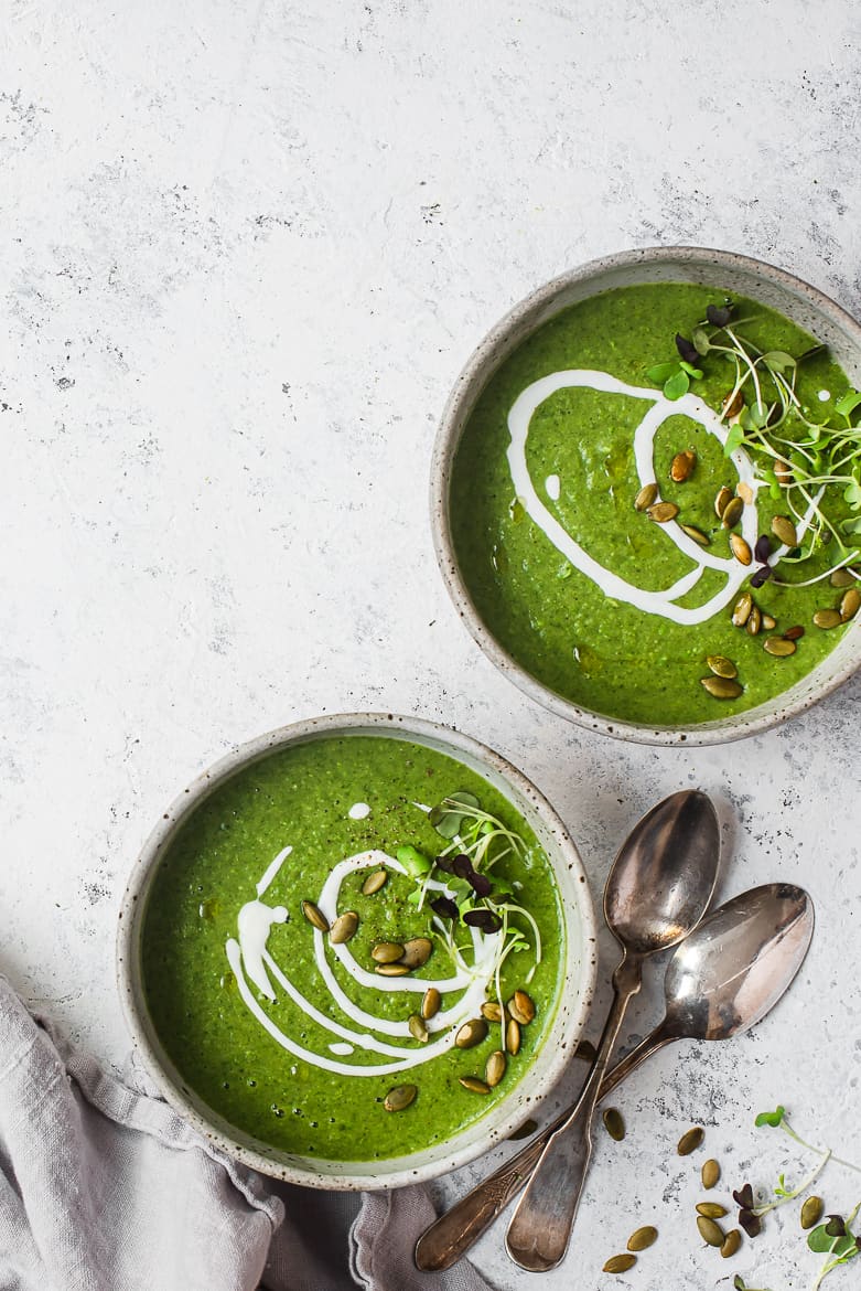 super green soup in bowls