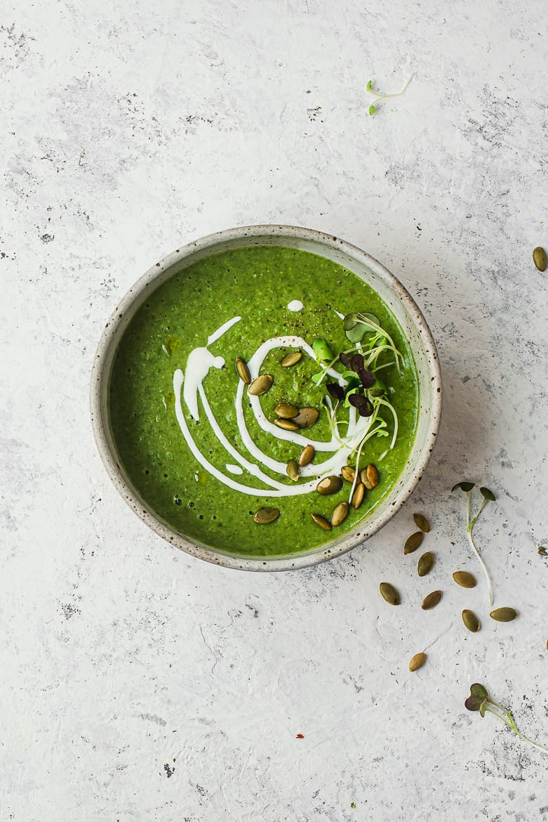 Super green soup in bowl 